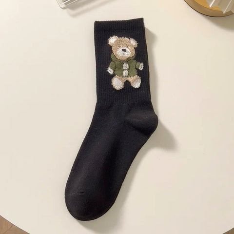 Socks Women'S Autumn Winter Bear Cute Cartoon Medium Socks Jacquard Sports Basketball Socks Cotton Stockings