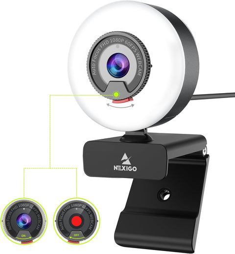 N960E 1080P 60FPS Webcam with Light, Software Included, Fast Autofocus, Built-In Privacy Cover, USB Web Camera, Dual Stereo Microphone, for Zoom Meeting Skype Teams Twitch