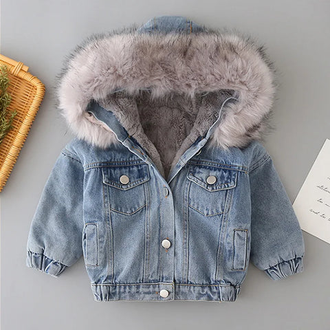 Winter Baby Girl Warm Thick Denim Jacket Fur Hooded Toddler Girl Baby Outerwear Denim Jacket Cotton Kids Boys Parka Children