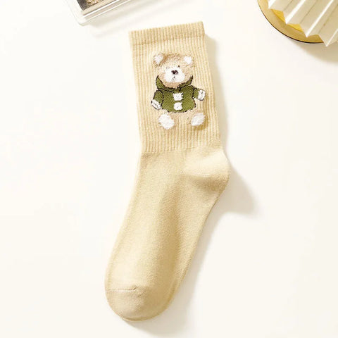 Socks Women'S Autumn Winter Bear Cute Cartoon Medium Socks Jacquard Sports Basketball Socks Cotton Stockings