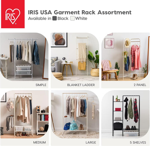 IRIS USA Stylish Corner Clothes Rack, Easy to Assemble, Freestanding Metal Sturdy Garment Rack, Small Space Storage Solution, Modern Versatile Design, Long-Term Durability, Boutique Style, Black