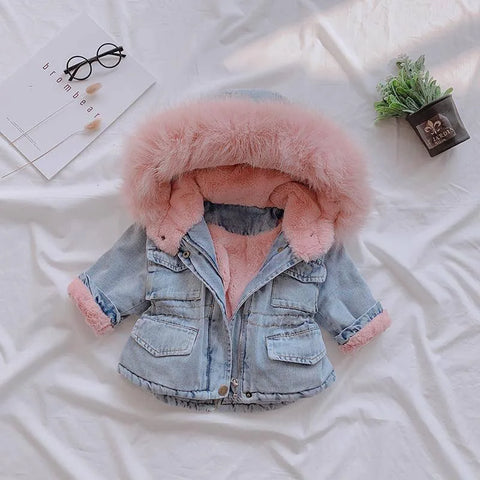 Winter Baby Girl Warm Thick Denim Jacket Fur Hooded Toddler Girl Baby Outerwear Denim Jacket Cotton Kids Boys Parka Children