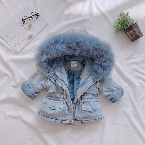 Winter Baby Girl Warm Thick Denim Jacket Fur Hooded Toddler Girl Baby Outerwear Denim Jacket Cotton Kids Boys Parka Children