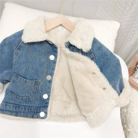 Winter Baby Girl Warm Thick Denim Jacket Fur Hooded Toddler Girl Baby Outerwear Denim Jacket Cotton Kids Boys Parka Children