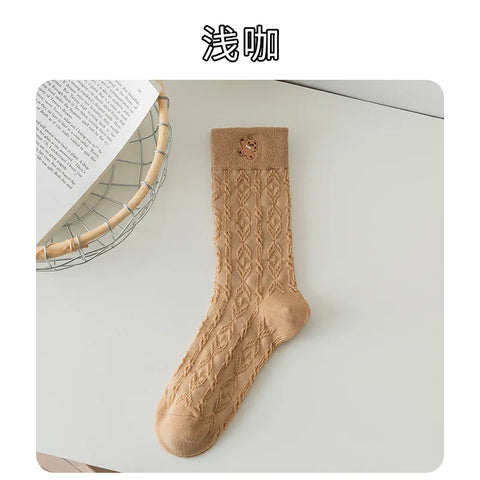 Socks Women'S Autumn Winter Bear Cute Cartoon Medium Socks Jacquard Sports Basketball Socks Cotton Stockings