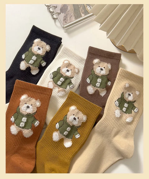 Socks Women'S Autumn Winter Bear Cute Cartoon Medium Socks Jacquard Sports Basketball Socks Cotton Stockings