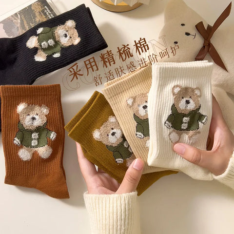 Socks Women'S Autumn Winter Bear Cute Cartoon Medium Socks Jacquard Sports Basketball Socks Cotton Stockings