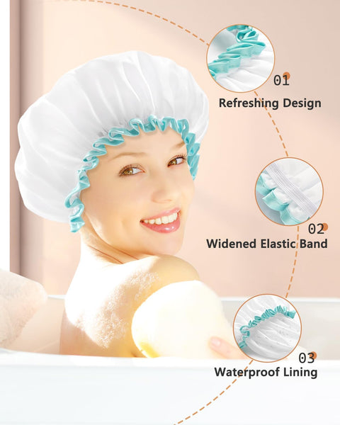 White Shower Cap for Women and Girls 2 Pack,Double Waterproof, Reusable,Washable, Super Cute and Soft,Comfortable