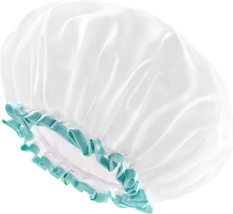 White Shower Cap for Women and Girls 2 Pack,Double Waterproof, Reusable,Washable, Super Cute and Soft,Comfortable