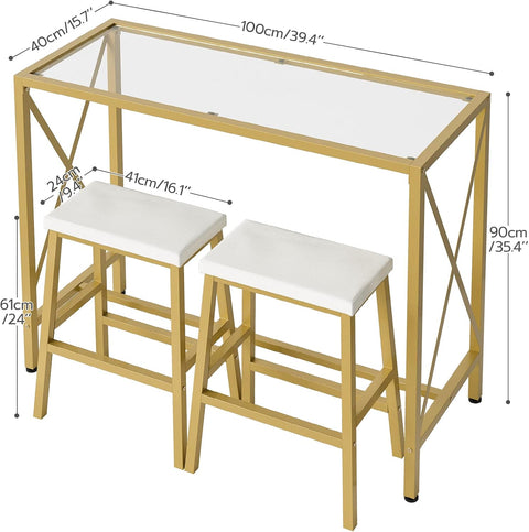 Bar Table Set of 2, 3 Piece Modern Bar Table and Chairs Set, 39.4'' Pub Table Dining Set, Counter Height Table, for Living Room, Kitchen Small Space, Gold and White GD14BT01