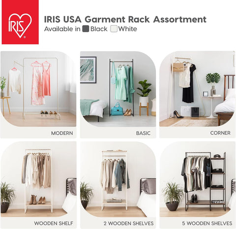 IRIS USA Stylish Corner Clothes Rack, Easy to Assemble, Freestanding Metal Sturdy Garment Rack, Small Space Storage Solution, Modern Versatile Design, Long-Term Durability, Boutique Style, Black