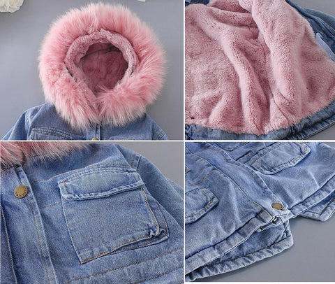 Winter Baby Girl Warm Thick Denim Jacket Fur Hooded Toddler Girl Baby Outerwear Denim Jacket Cotton Kids Boys Parka Children