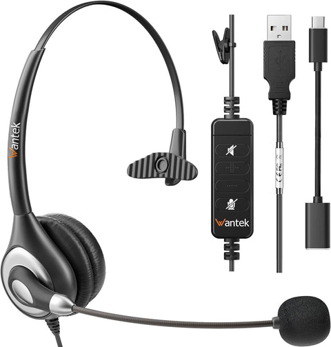 Computer Headset with Microphone,  USB Headset with Microphone Noise Cancelling for Laptop Pc Office Call Center Skype Zoom Online Classes - Clear Calls(With Type C Adapter)