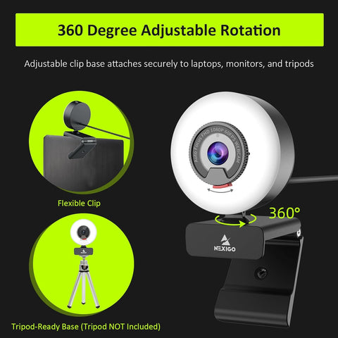 N960E 1080P 60FPS Webcam with Light, Software Included, Fast Autofocus, Built-In Privacy Cover, USB Web Camera, Dual Stereo Microphone, for Zoom Meeting Skype Teams Twitch