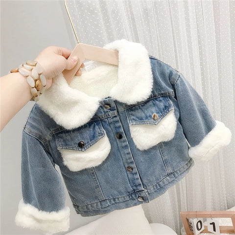 Winter Baby Girl Warm Thick Denim Jacket Fur Hooded Toddler Girl Baby Outerwear Denim Jacket Cotton Kids Boys Parka Children