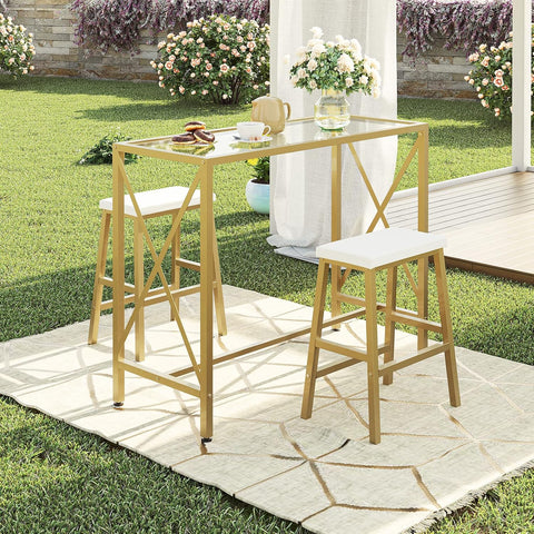 Bar Table Set of 2, 3 Piece Modern Bar Table and Chairs Set, 39.4'' Pub Table Dining Set, Counter Height Table, for Living Room, Kitchen Small Space, Gold and White GD14BT01