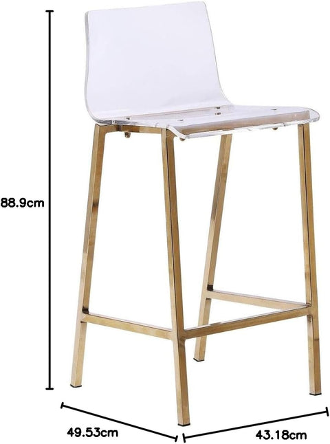 Su Trendy Acrylic Stool with Gold Metal Legs, Transparent Barstool, Clear & Gold Stool with Backrest & Footrest,Pub Chair, Ideal for Kitchen Island, Dining Room