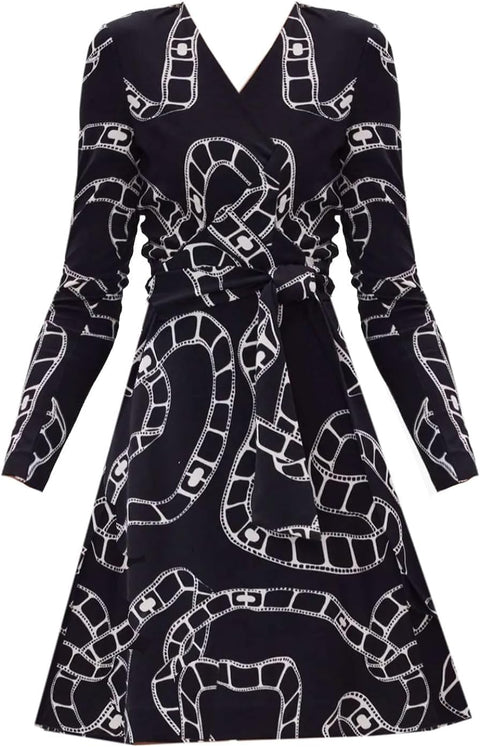 DVF Women'S Demetria Printed Black White Wrap Mini Dress