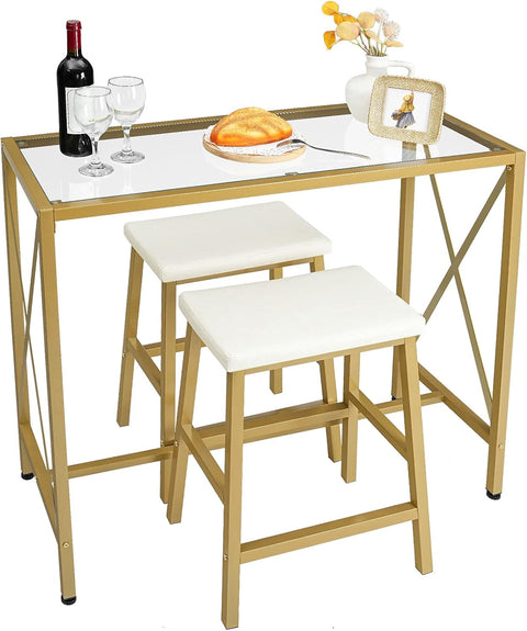 Bar Table Set of 2, 3 Piece Modern Bar Table and Chairs Set, 39.4'' Pub Table Dining Set, Counter Height Table, for Living Room, Kitchen Small Space, Gold and White GD14BT01