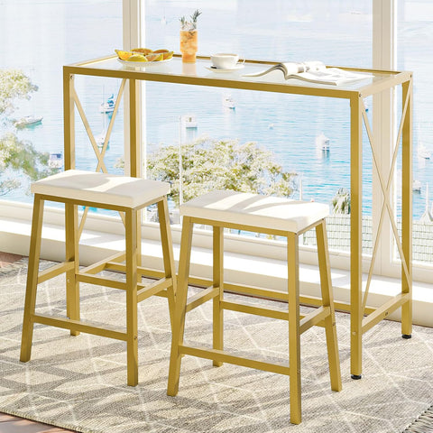 Bar Table Set of 2, 3 Piece Modern Bar Table and Chairs Set, 39.4'' Pub Table Dining Set, Counter Height Table, for Living Room, Kitchen Small Space, Gold and White GD14BT01