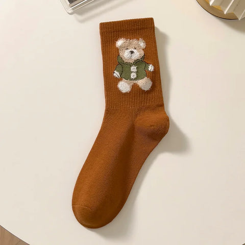 Socks Women'S Autumn Winter Bear Cute Cartoon Medium Socks Jacquard Sports Basketball Socks Cotton Stockings