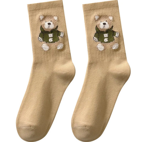 Socks Women'S Autumn Winter Bear Cute Cartoon Medium Socks Jacquard Sports Basketball Socks Cotton Stockings