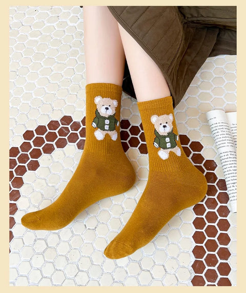 Socks Women'S Autumn Winter Bear Cute Cartoon Medium Socks Jacquard Sports Basketball Socks Cotton Stockings