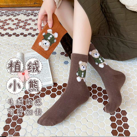 Socks Women'S Autumn Winter Bear Cute Cartoon Medium Socks Jacquard Sports Basketball Socks Cotton Stockings