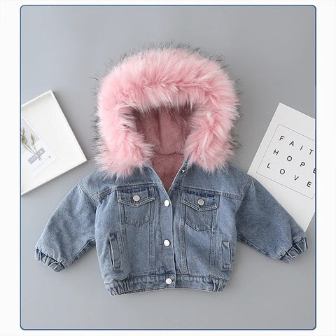 Winter Baby Girl Warm Thick Denim Jacket Fur Hooded Toddler Girl Baby Outerwear Denim Jacket Cotton Kids Boys Parka Children